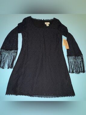designer black sequin dress Petal & Pup Women's Serena Long Sleeve Fringe Minidress - Gobi Kimono Cream cute lounge Color:IAI - Indigo * Interior Lining *